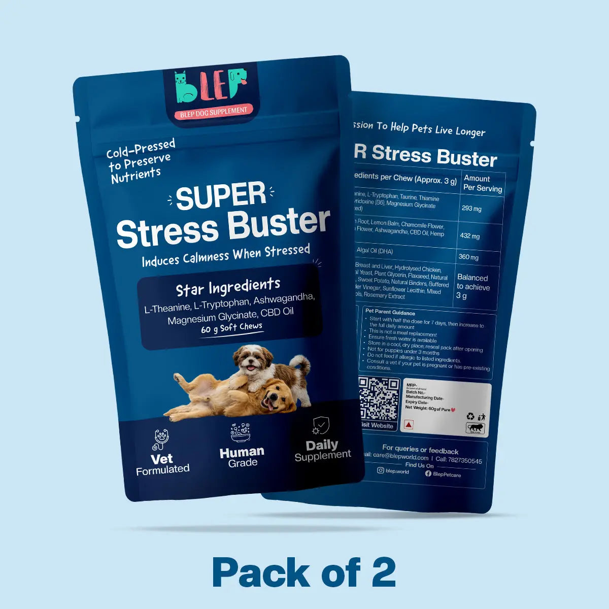 BlepWorld Super Stress Buster 120g Soft Chews Daily Calming Supplement for Dogs