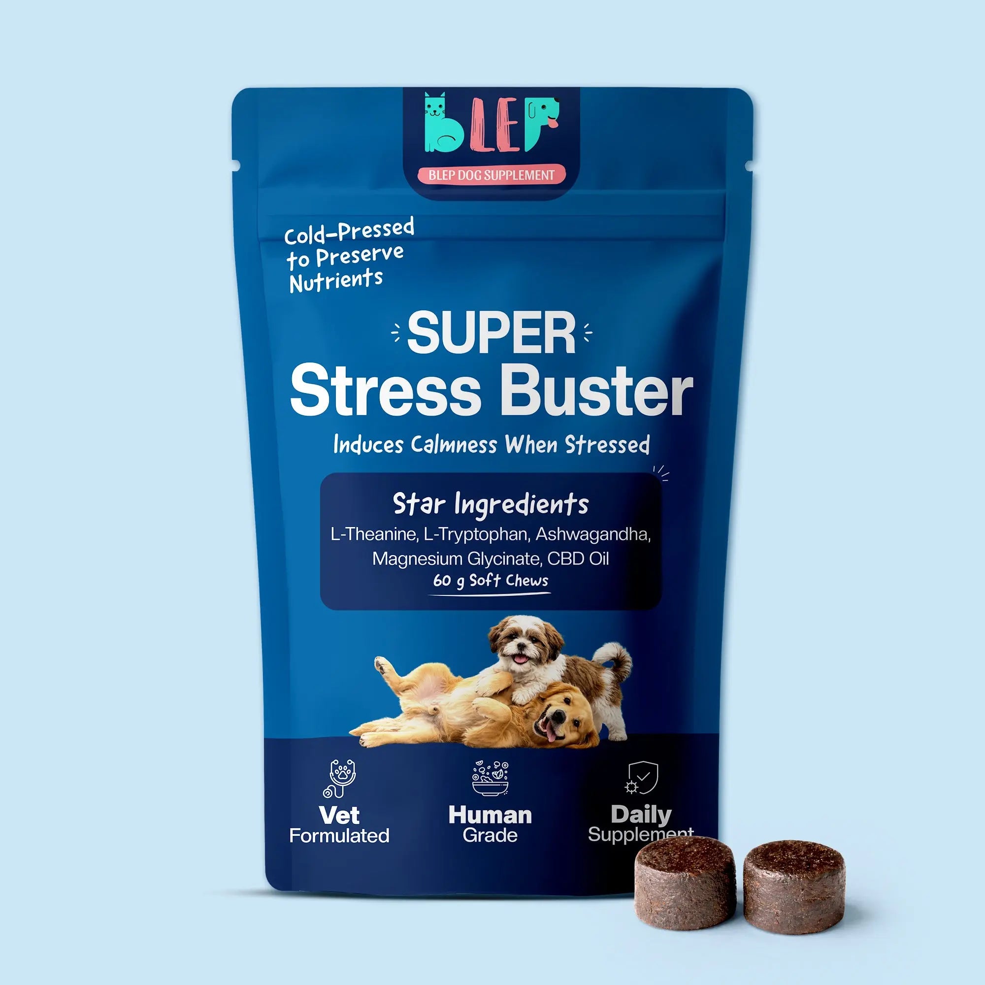 Supplement package for dogs labeled 'Super Stress Buster' with a blue background