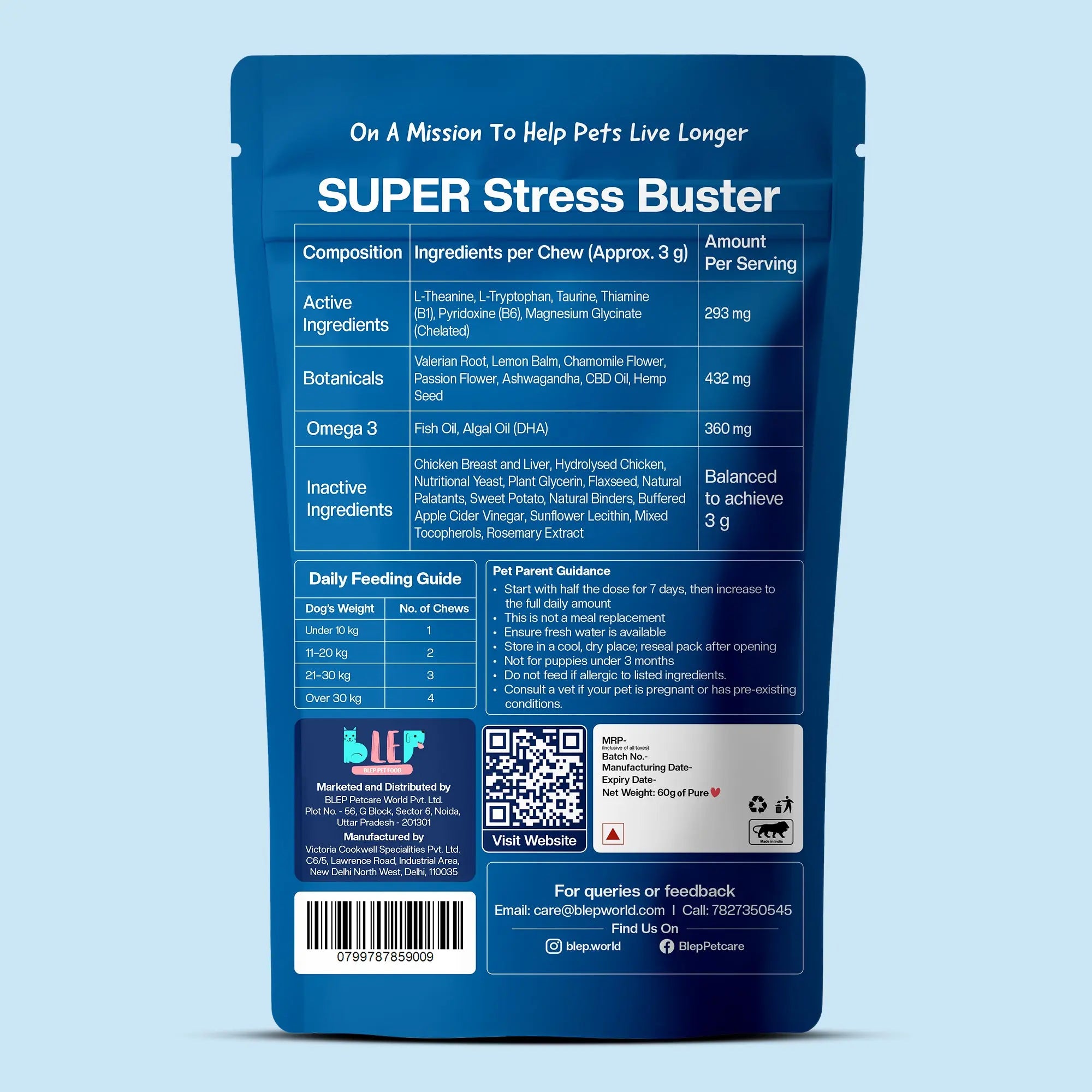 Back view of a blue packaging with text and QR code on a light blue background