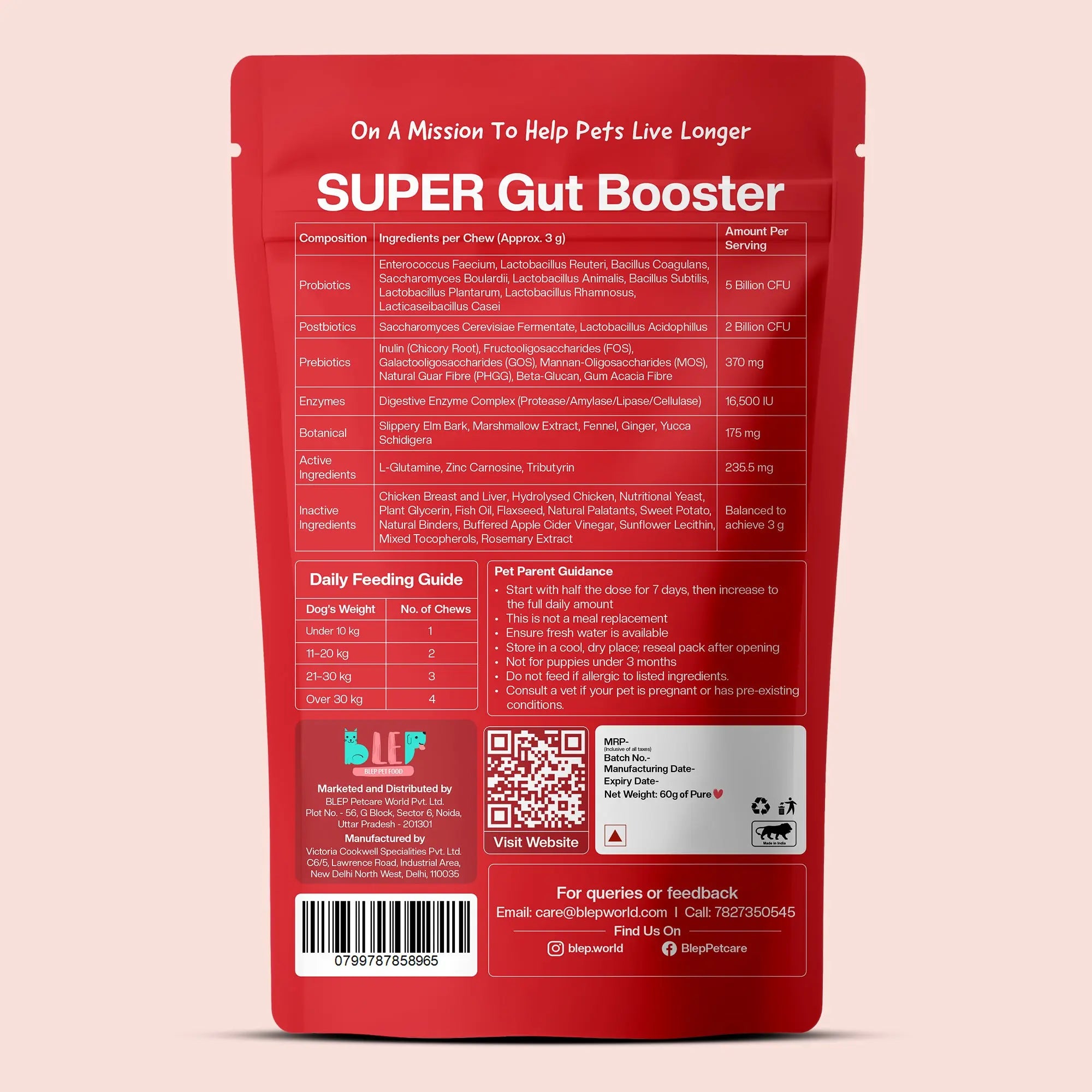 Back packaging of Super Gut Booster with  ingredients, text and QR code on a beige background