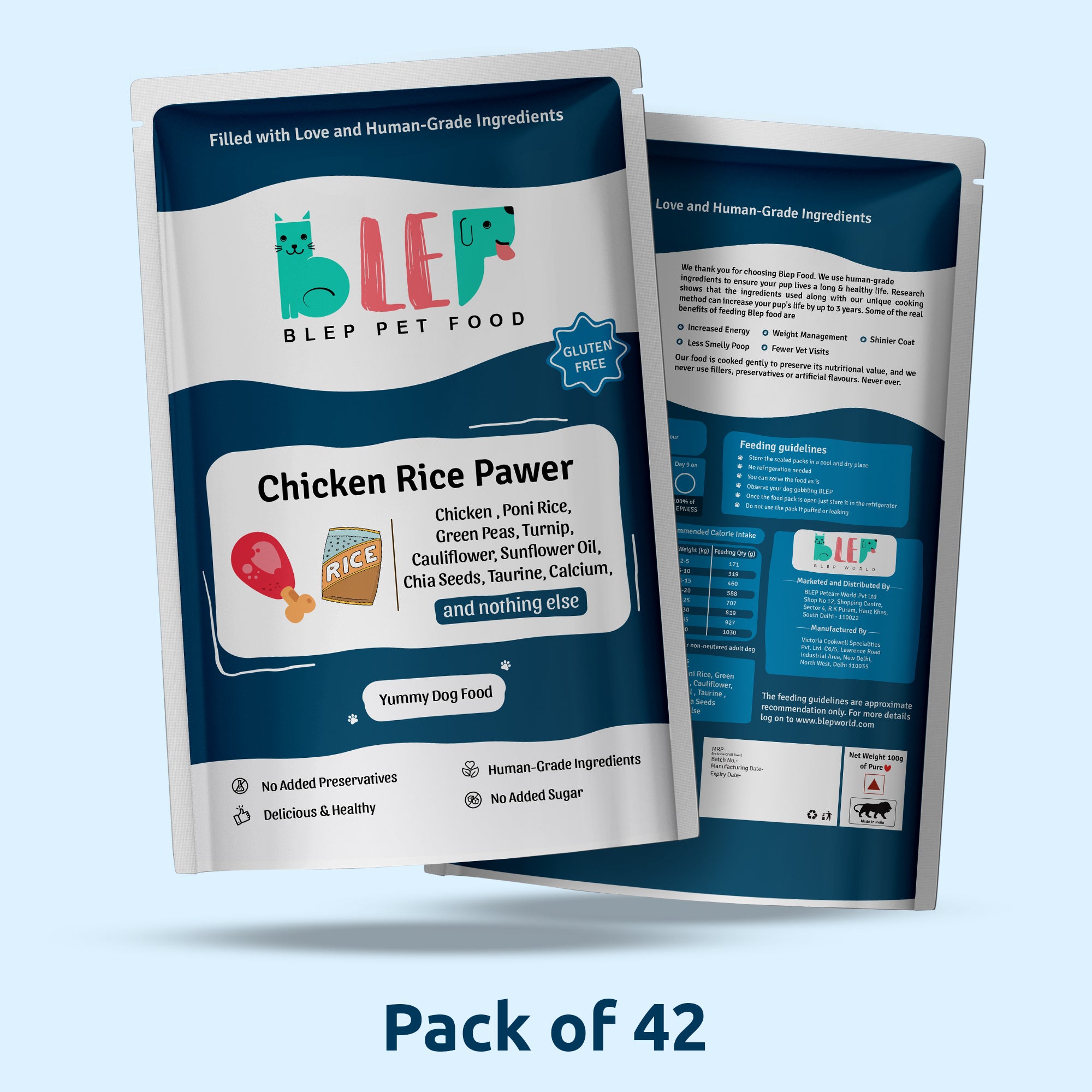 Blep Pet Food packaging for Chicken Rice Power on a light blue background